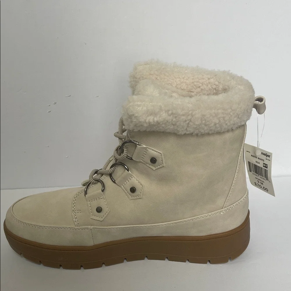Falls Creek Anita‎ Cream Faux Fur Lined Lace-Up Winter Boots 9 NWT